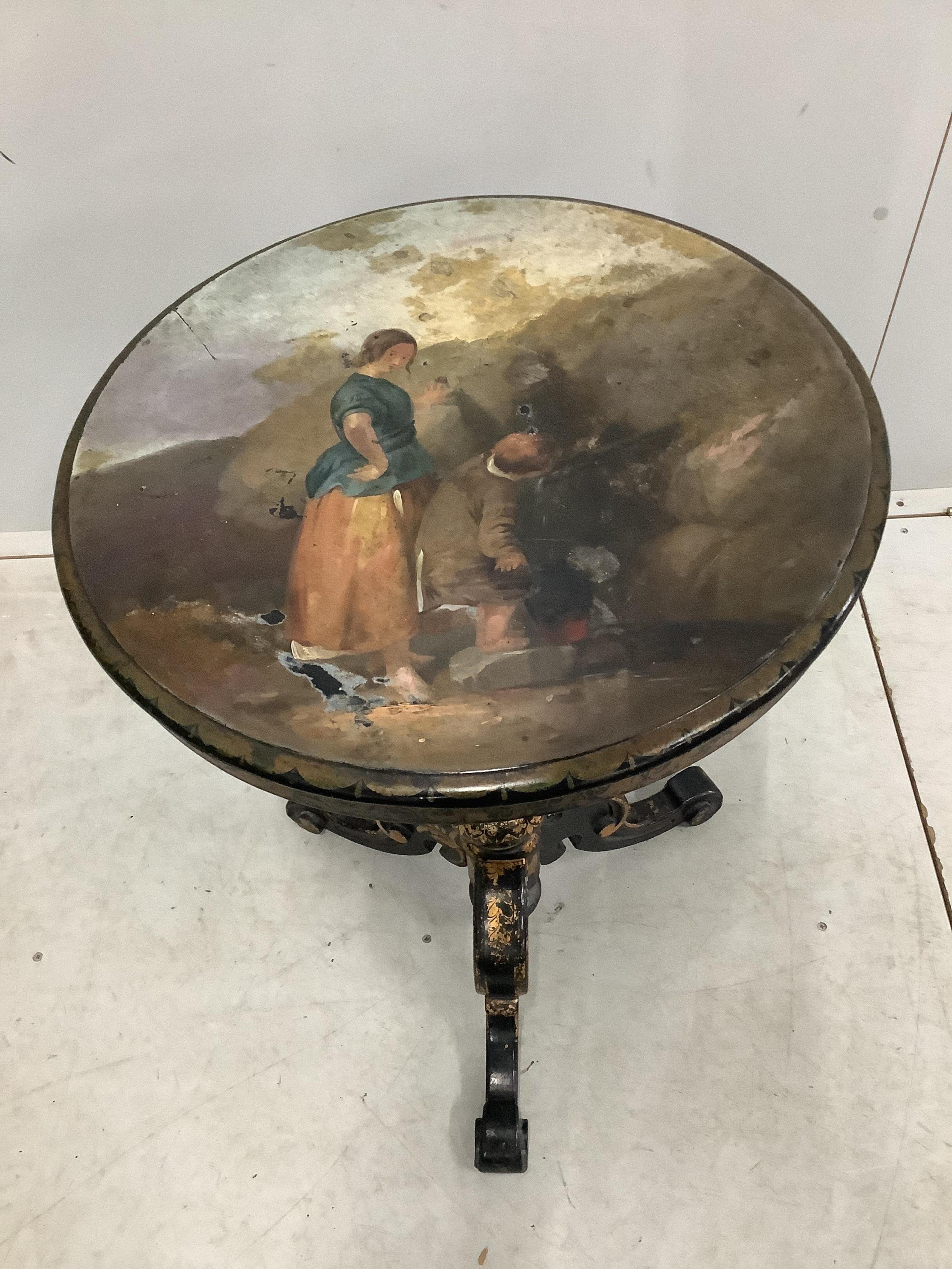 A Victorian mother of pearl inlaid papier mache cane seat chair and a Victorian painted circular tilt top wine table. Condition - fair